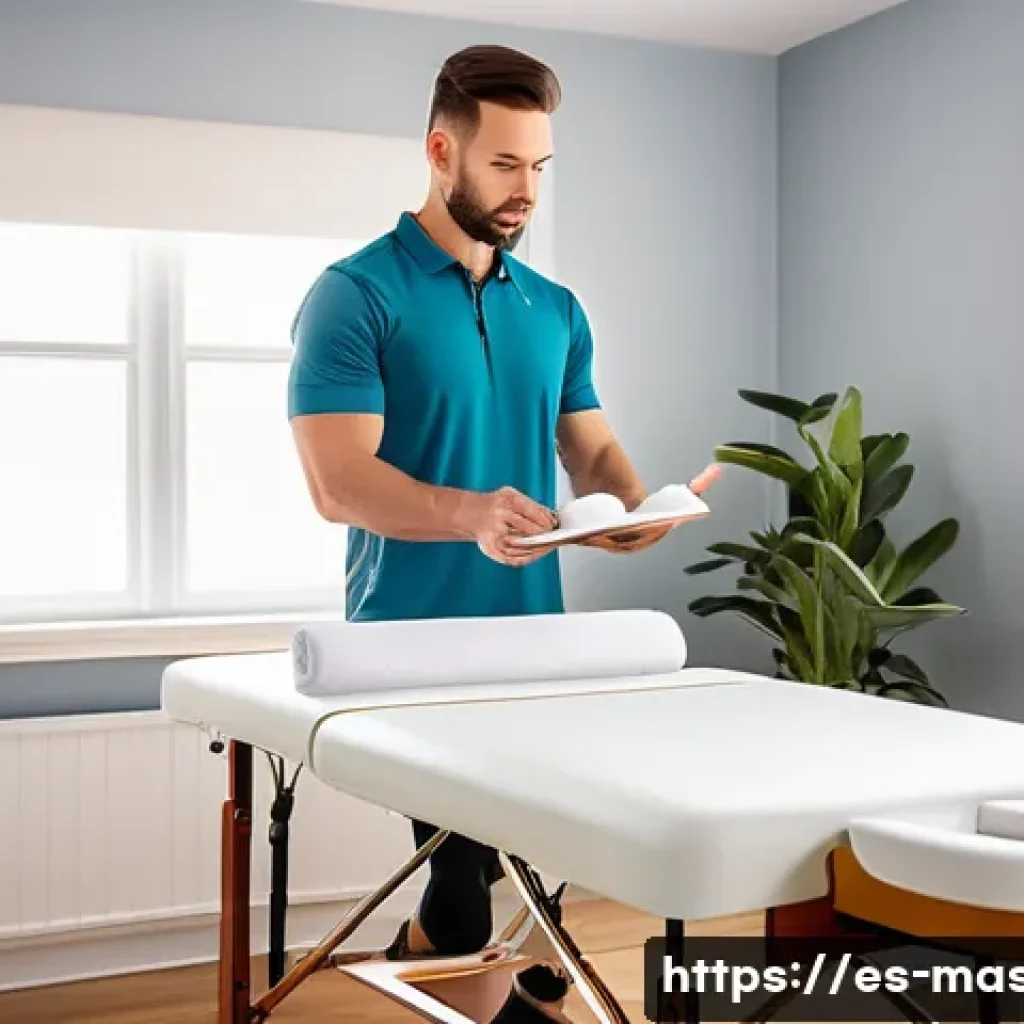 스포츠마사지사 프리랜서로 성공하기 - A professional freelance sports massage therapist working in a clean, well-lit home studio in a Span...