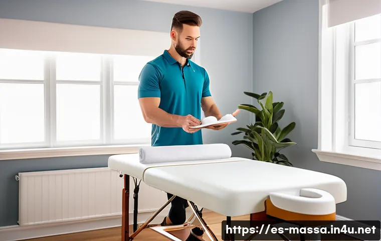 스포츠마사지사 프리랜서로 성공하기 - A professional freelance sports massage therapist working in a clean, well-lit home studio in a Span...