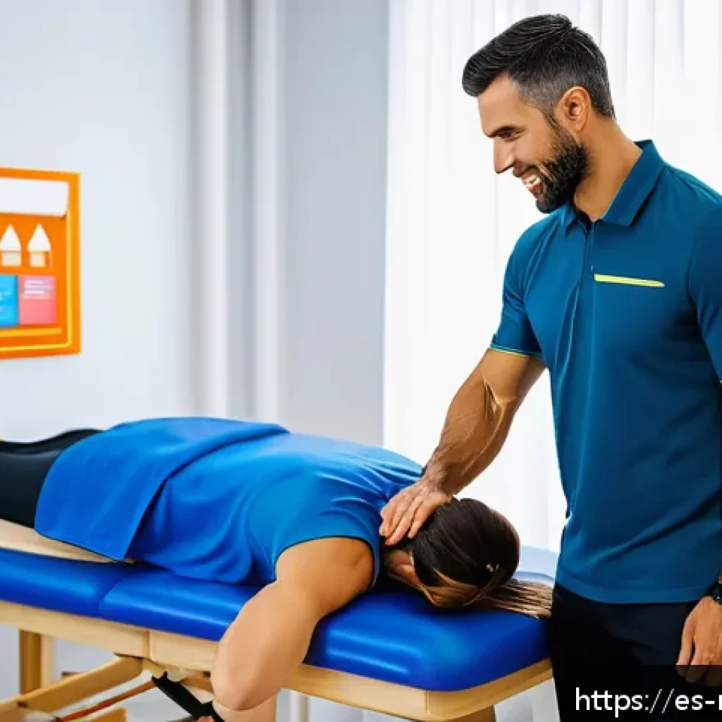 스포츠마사지사와 디지털 마케팅 - A professional Spanish sports massage therapist in a bright, modern clinic located in Madrid, wearin...