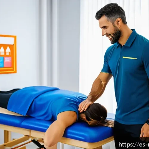 Home 33 스포츠마사지사와 디지털 마케팅 - A professional Spanish sports massage therapist in a bright, modern clinic located in Madrid, wearin...