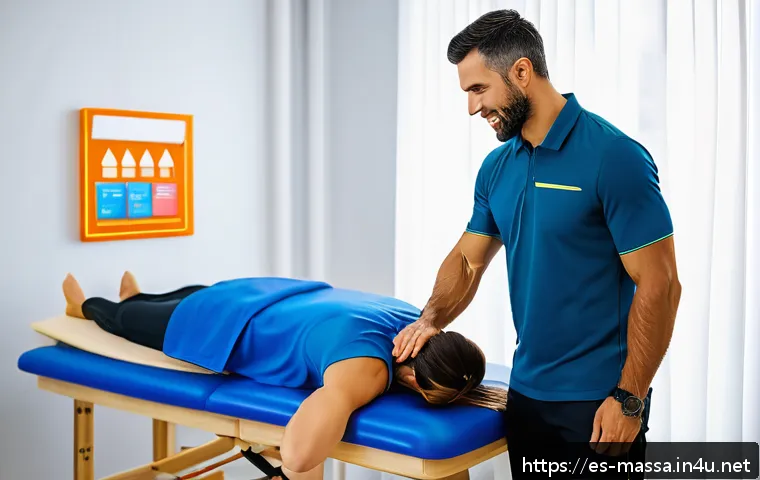 스포츠마사지사와 디지털 마케팅 - A professional Spanish sports massage therapist in a bright, modern clinic located in Madrid, wearin...