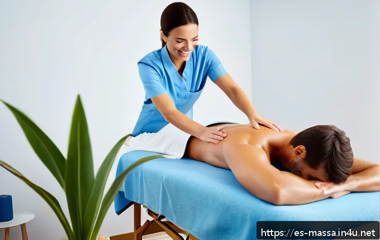스포츠마사지사 리뷰 관리 요령 - A professional massage therapist in a modern, clean treatment room in Madrid, warmly interacting wit...
