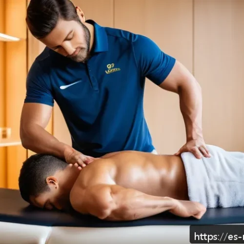 Home 17 스포츠마사지사와 기초 해부학 학습법 - A professional sports massage scene focusing on a male athlete with athletic build wearing tight spo...